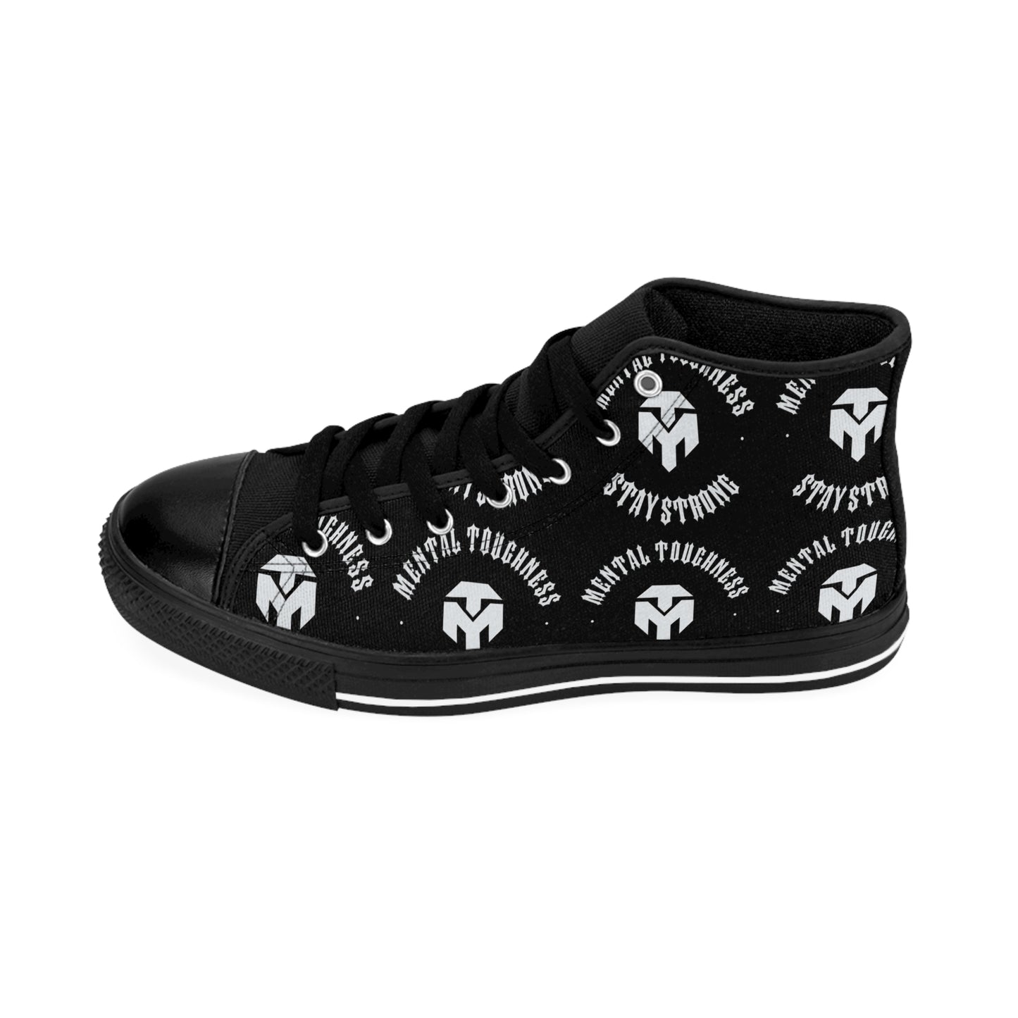 Men's Black High-Top Sneakers — Repeating Logo Pattern