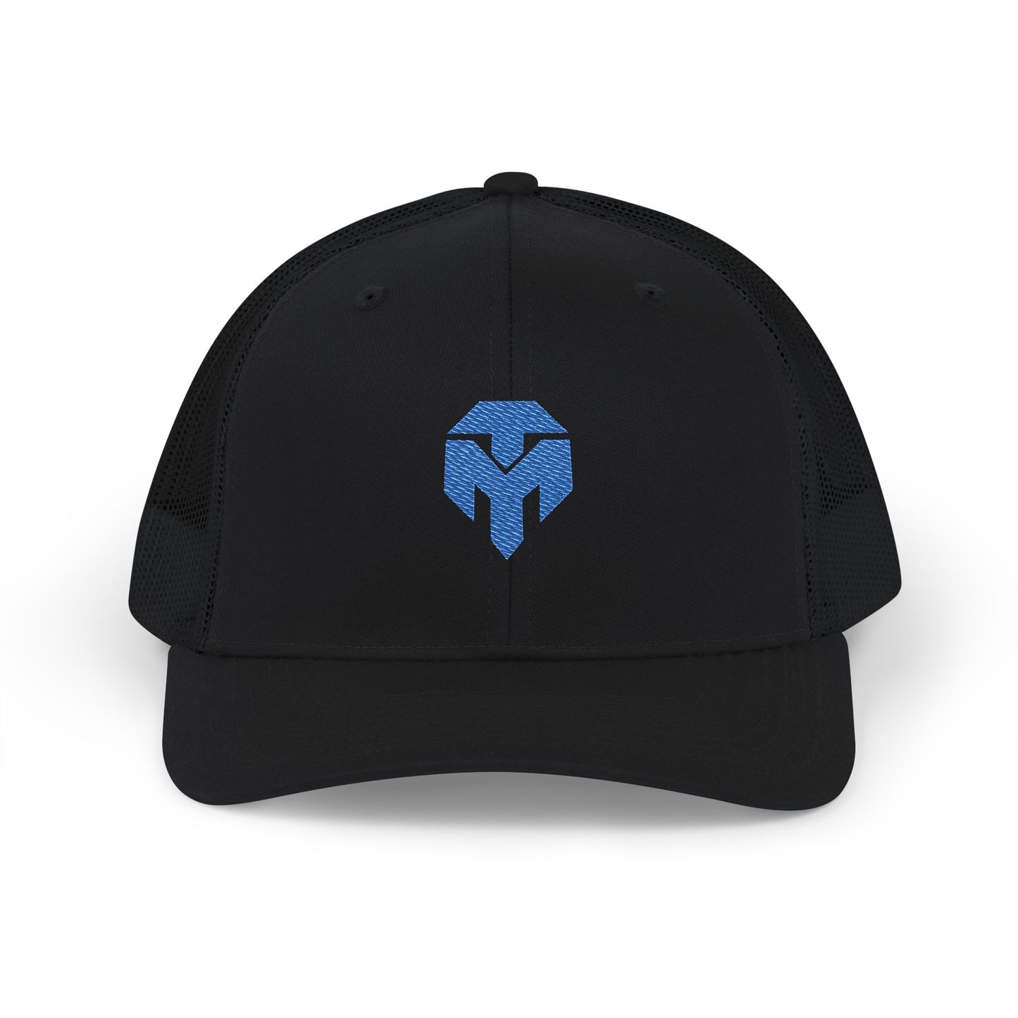 Embroidered Spartan Helmet Snapback Trucker Cap — Blue Glitter Logo