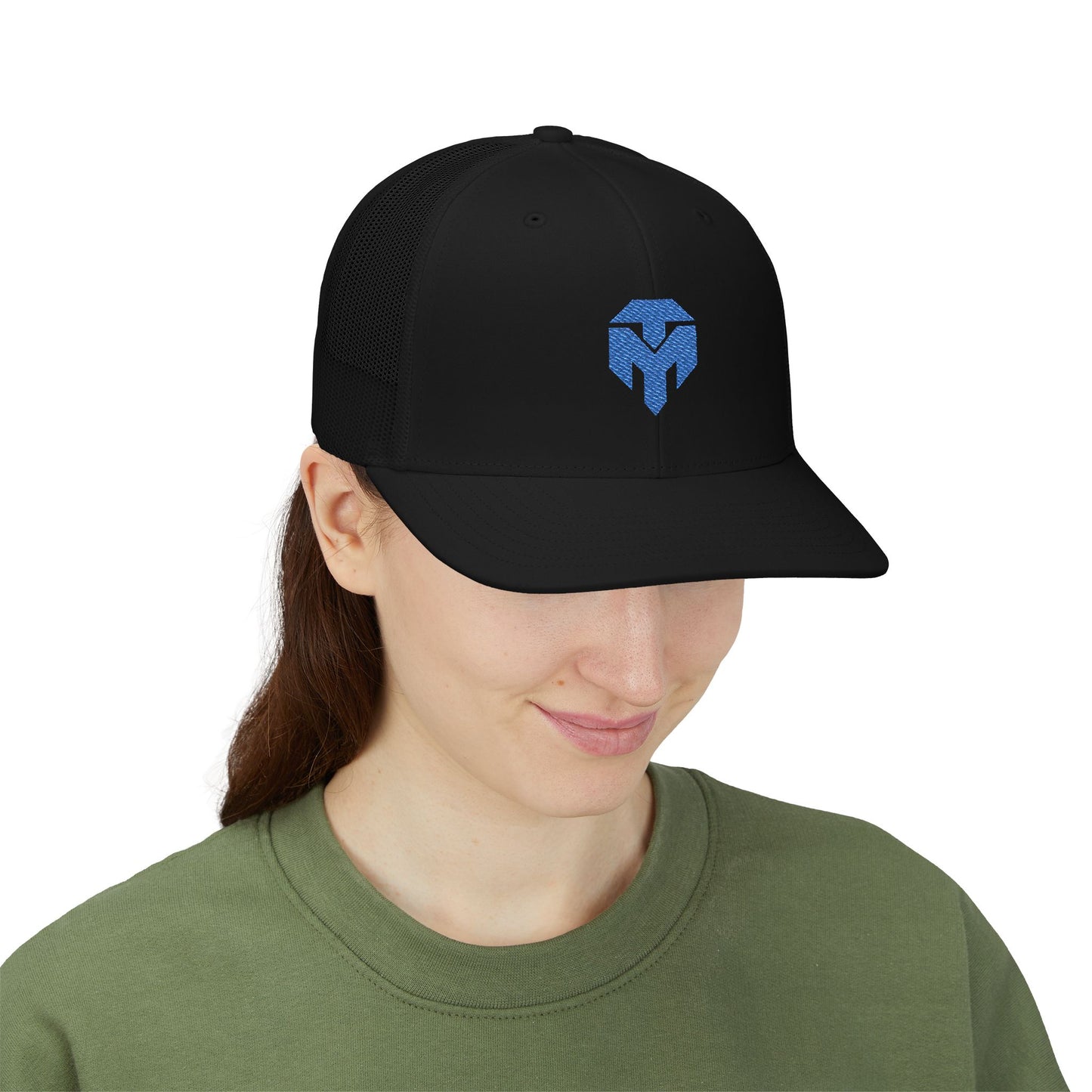 Embroidered Spartan Helmet Snapback Trucker Cap — Blue Glitter Logo