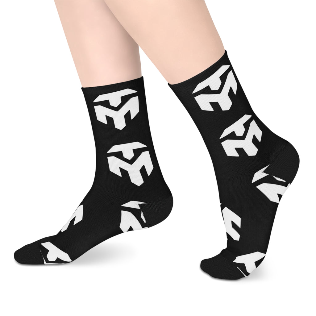 Black Mid-Length Socks with White Geometric Pattern — Bold Streetwear Crew Socks