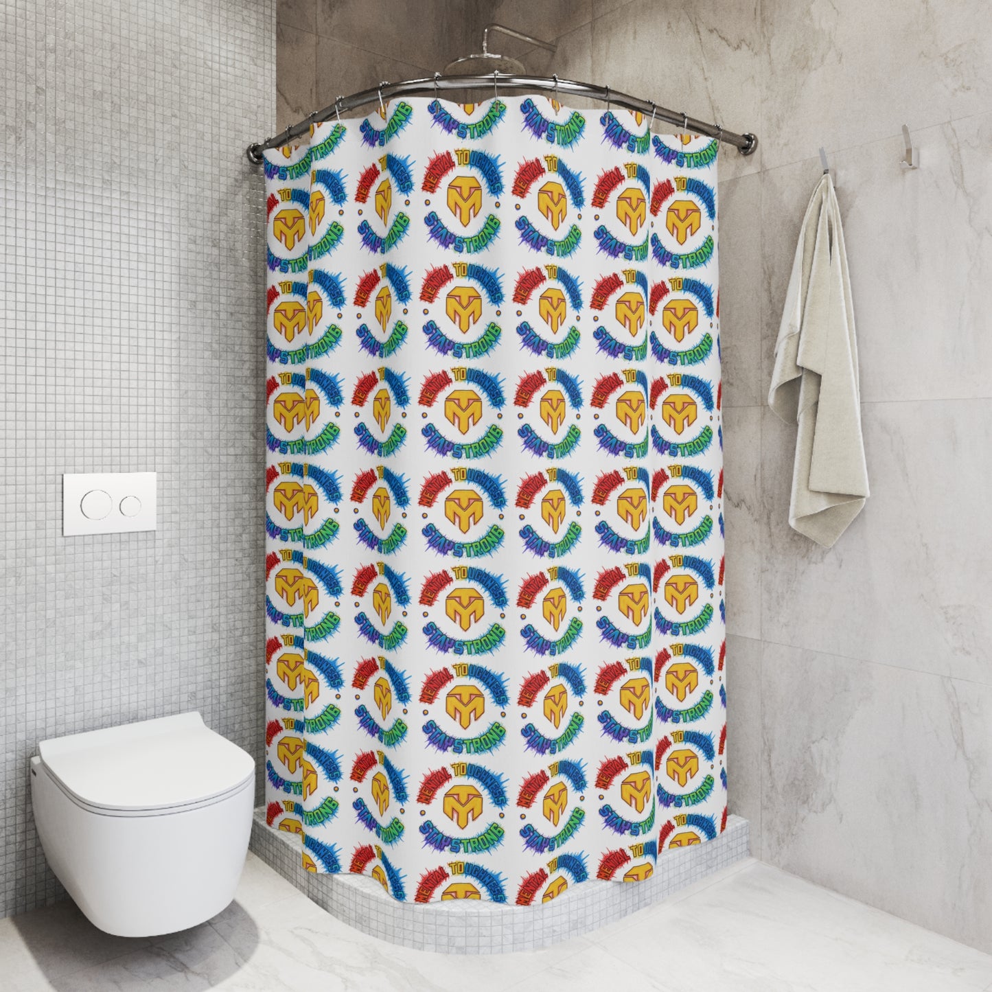 Shower Curtain — Colorful Spartan Helmet Pattern, Pride Rainbow Bathroom Decor