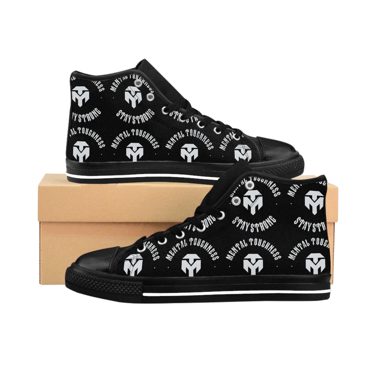 Men's Black High-Top Sneakers — Repeating Logo Pattern