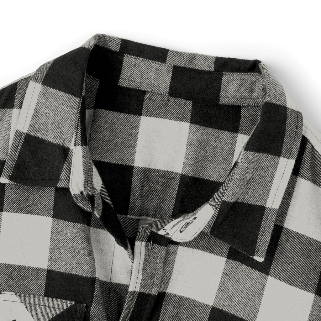 Black & White Buffalo Plaid Flannel Shirt with Geometric Logo — Casual Outdoor Workwear