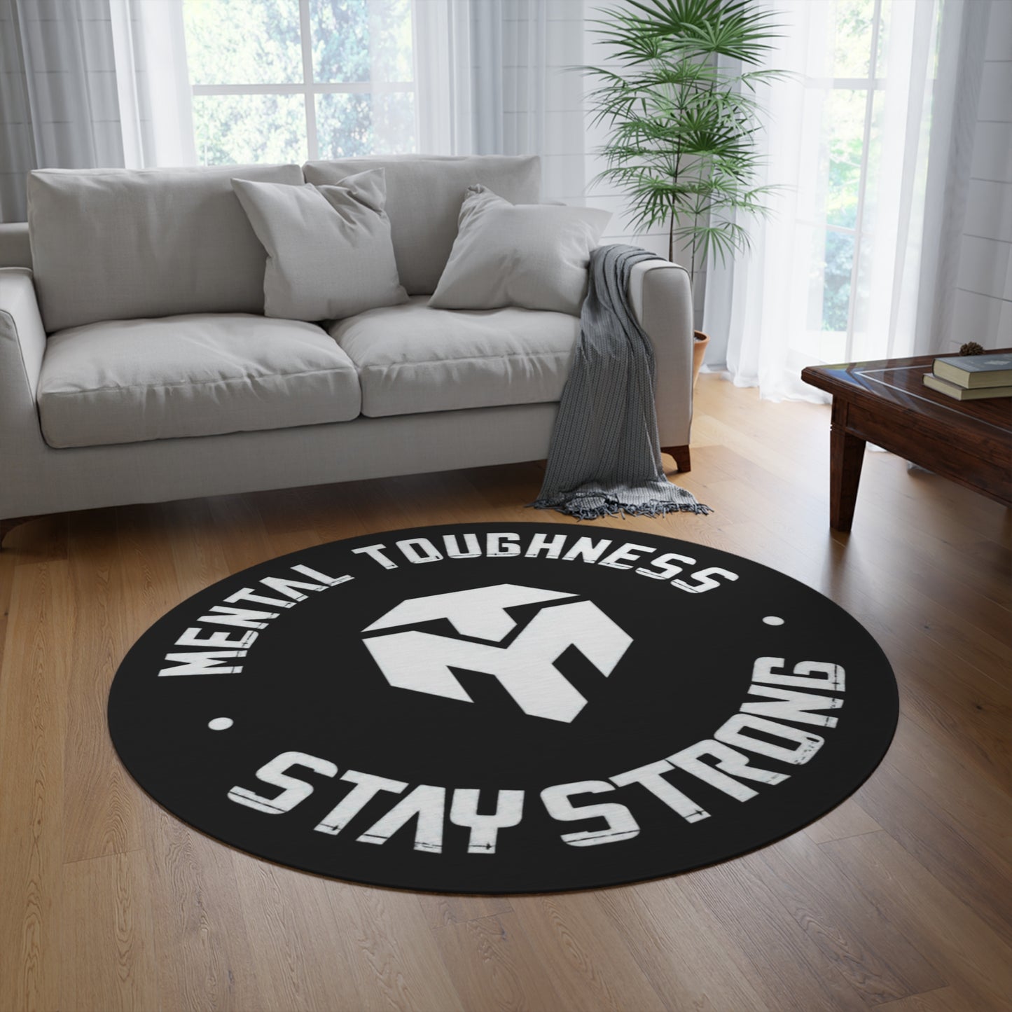 Mental Toughness Round Rug — Subtle Monochrome Motivational Floor Mat