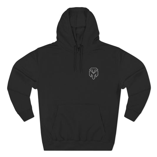 Three-Panel Fleece Hoodie — Black-on-Black with White Outline Logo