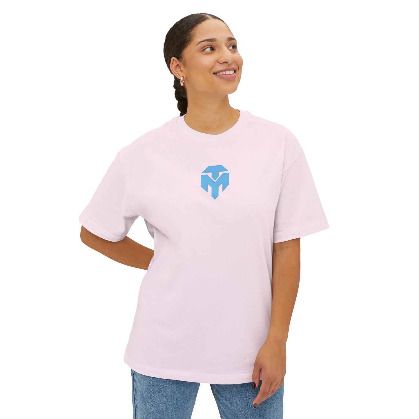 Minimalist Blue Shield Logo Tee — Oversized Boxy T-Shirt