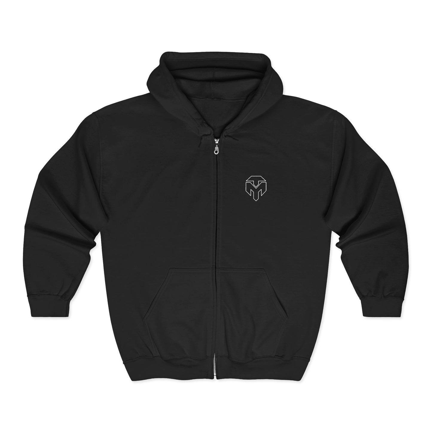 Embroidered Heart Maze Zip Hoodie — Minimal Black Full‑Zip Sweatshirt