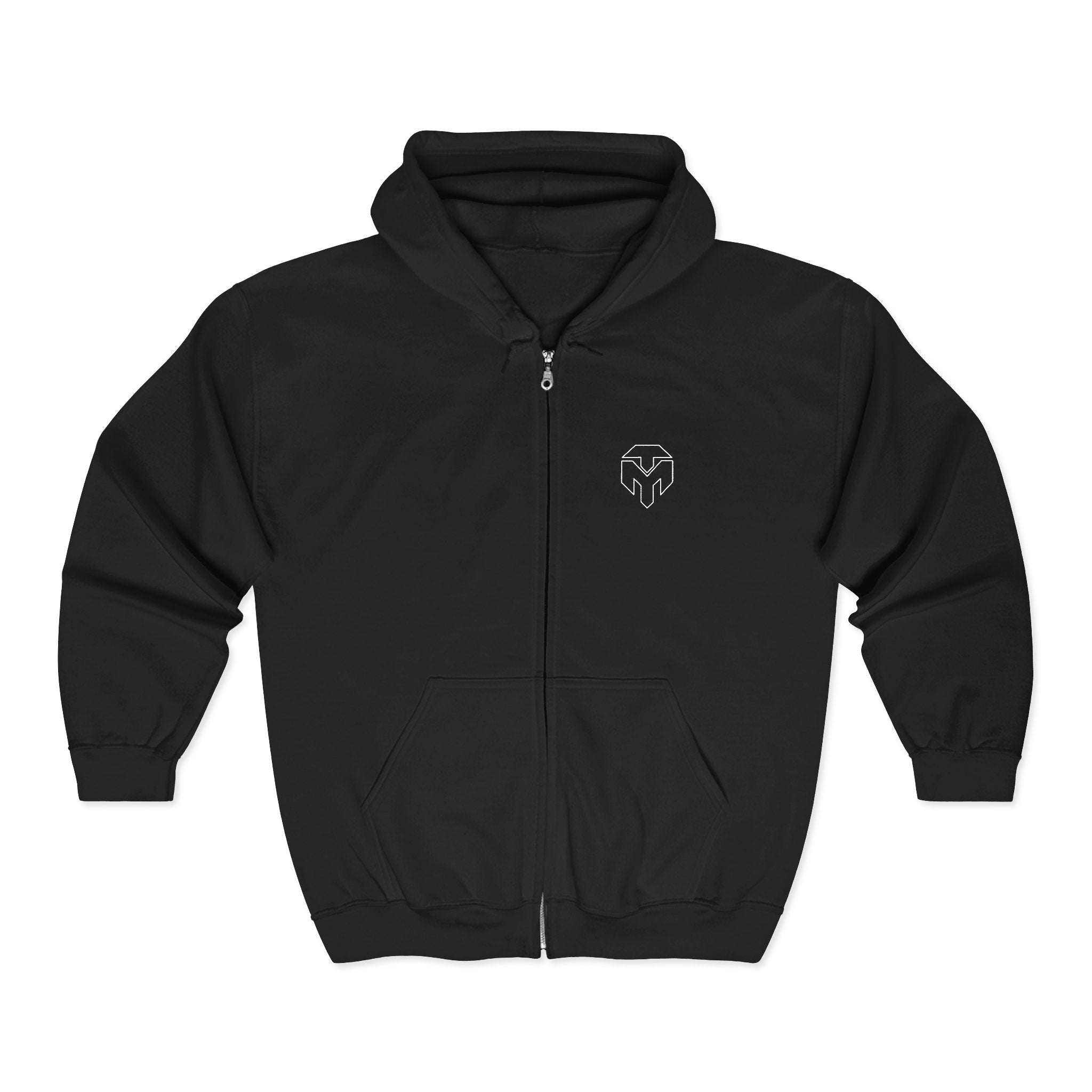 Embroidered Heart Maze Zip Hoodie — Minimal Black Full‑Zip Sweatshirt