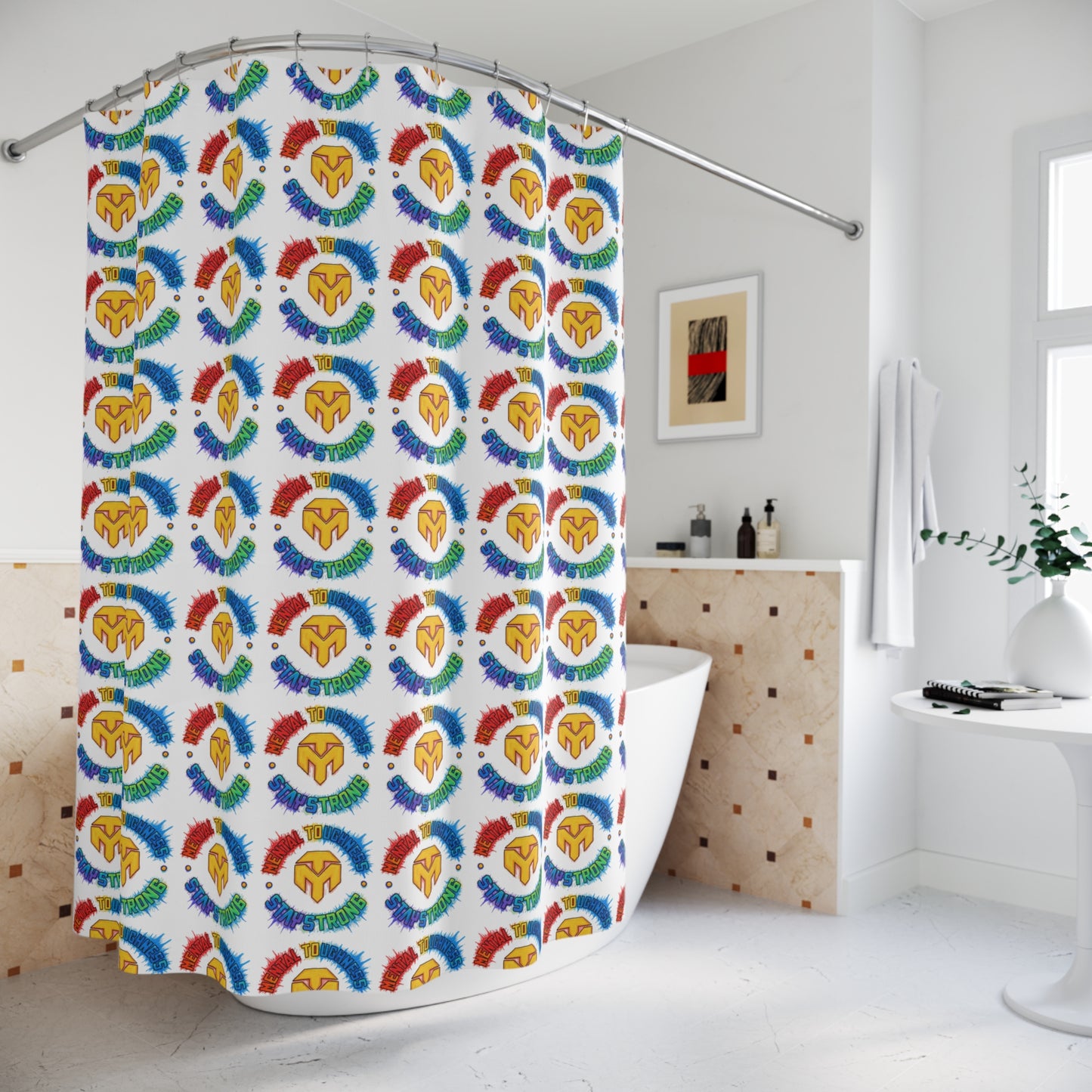 Shower Curtain — Colorful Spartan Helmet Pattern, Pride Rainbow Bathroom Decor