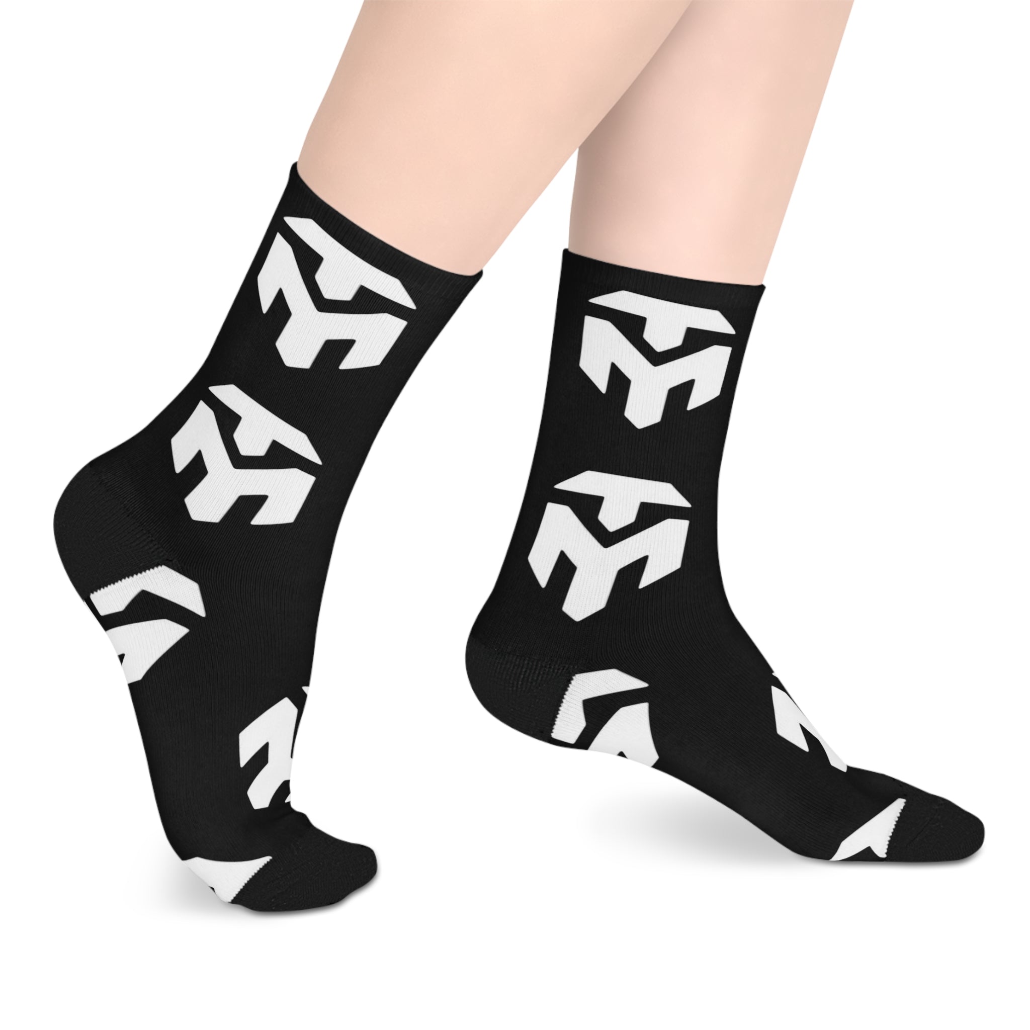 Black Mid-Length Socks with White Geometric Pattern — Bold Streetwear Crew Socks