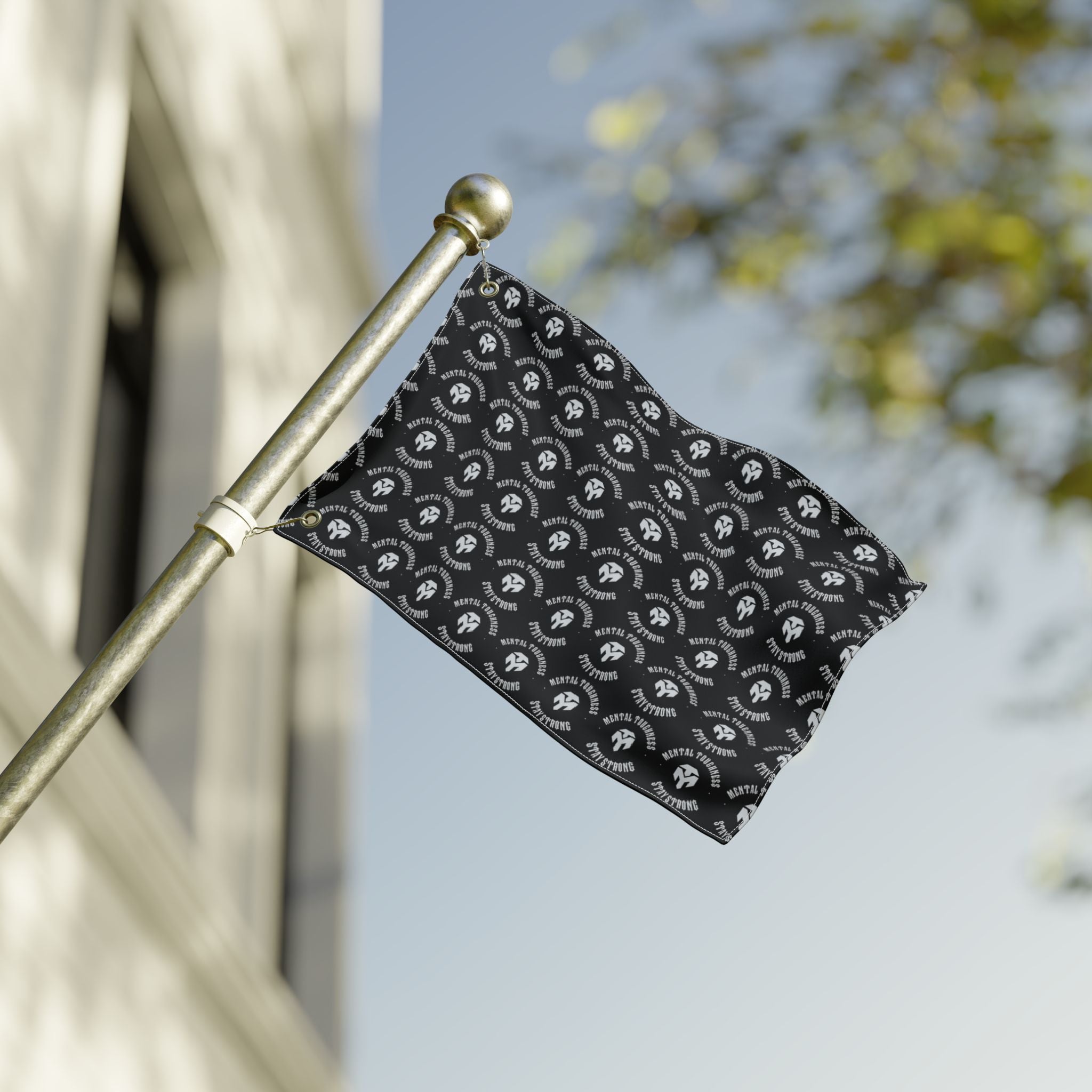 Double-Sided Flag — Black Spartan Helmet Pattern Outdoor Banner