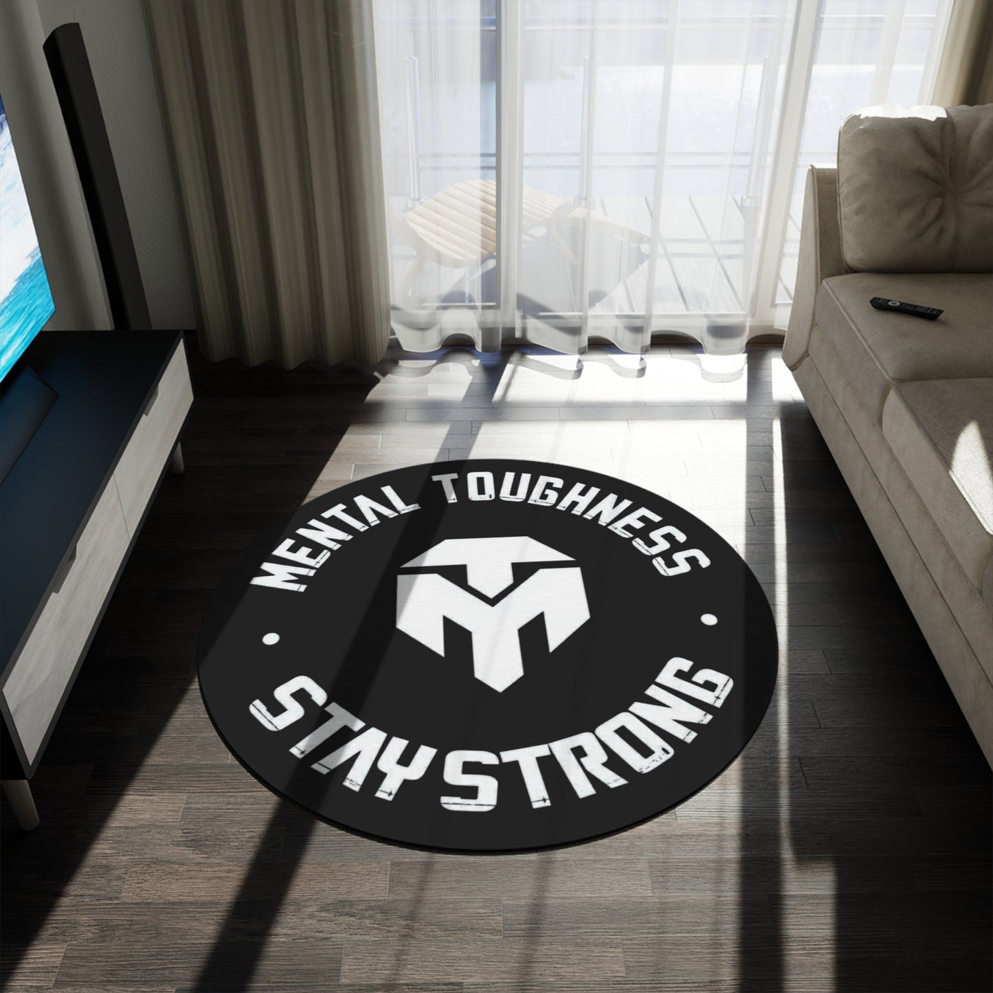 Mental Toughness Round Rug — Subtle Monochrome Motivational Floor Mat