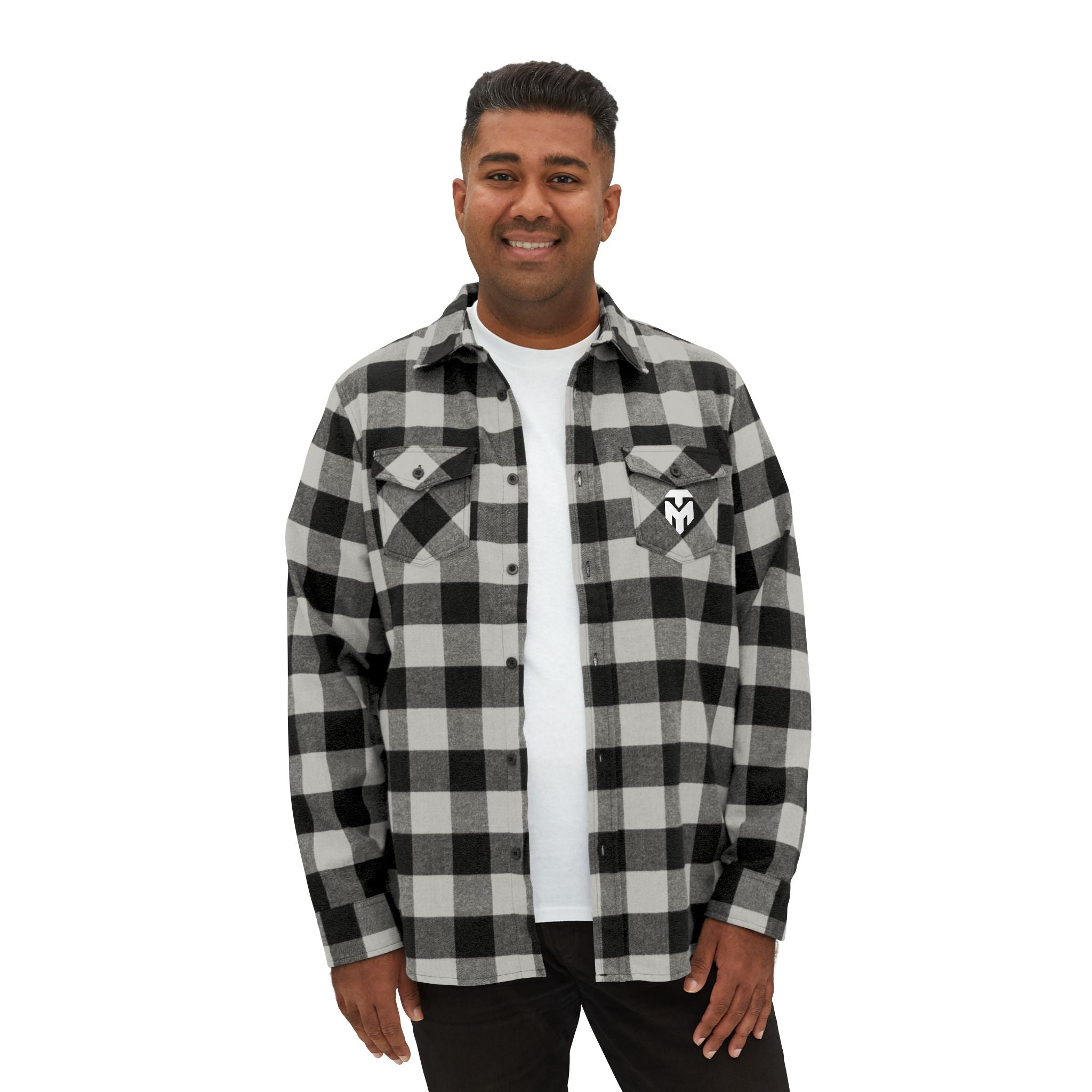 Black & White Buffalo Plaid Flannel Shirt with Geometric Logo — Casual Outdoor Workwear