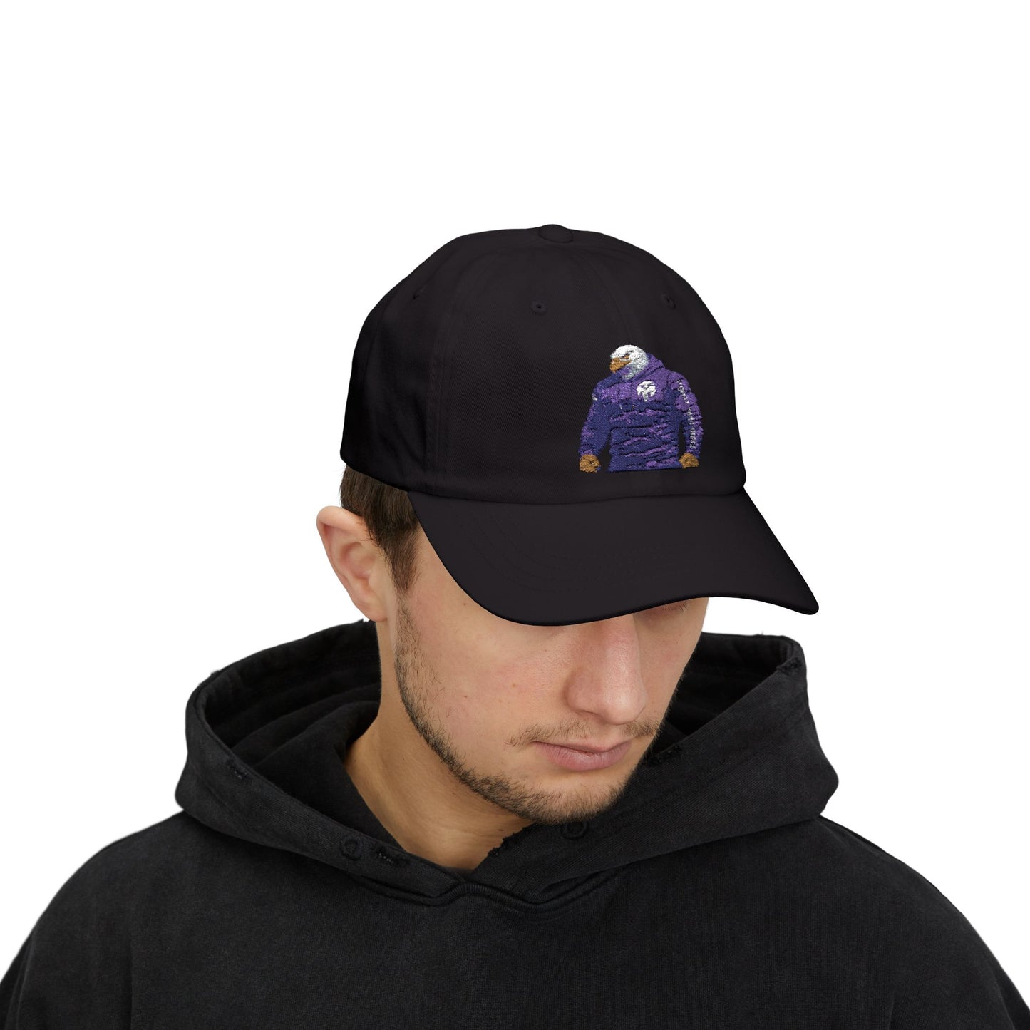 Eagle Mascot Dad Cap — Cozy Purple Hoodie Bird Embroidered Baseball Hat