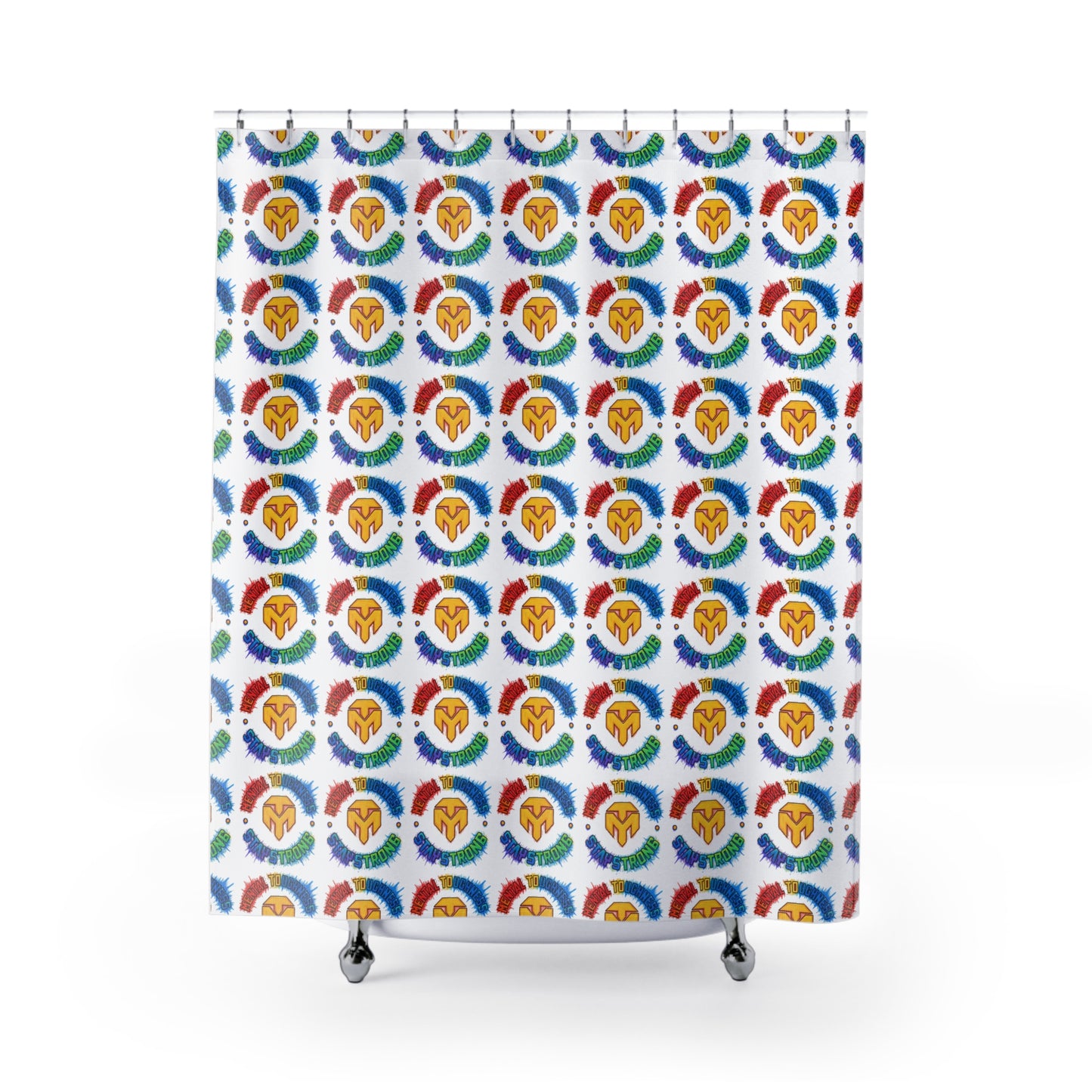 Shower Curtain — Colorful Spartan Helmet Pattern, Pride Rainbow Bathroom Decor