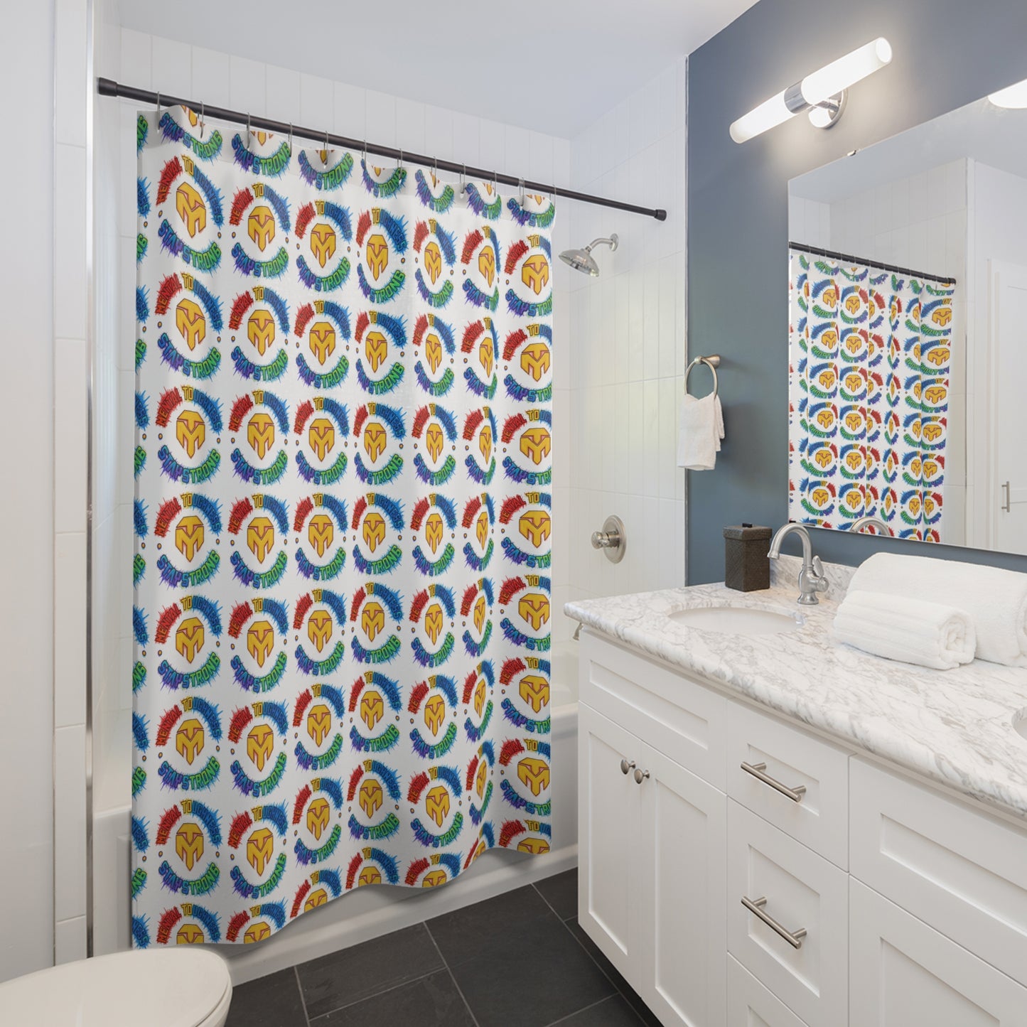 Shower Curtain — Colorful Spartan Helmet Pattern, Pride Rainbow Bathroom Decor