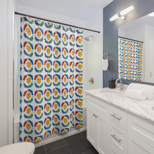 Shower Curtain — Colorful Spartan Helmet Pattern, Pride Rainbow Bathroom Decor