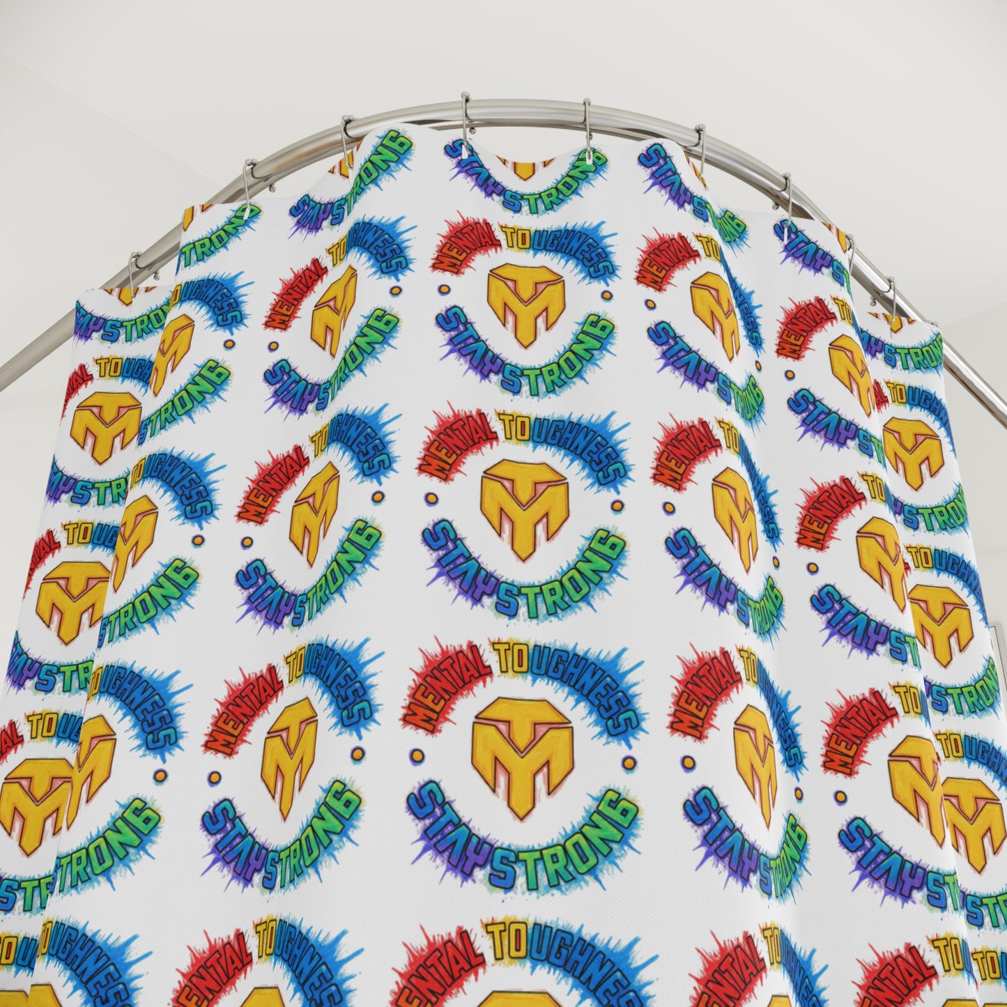 Shower Curtain — Colorful Spartan Helmet Pattern, Pride Rainbow Bathroom Decor