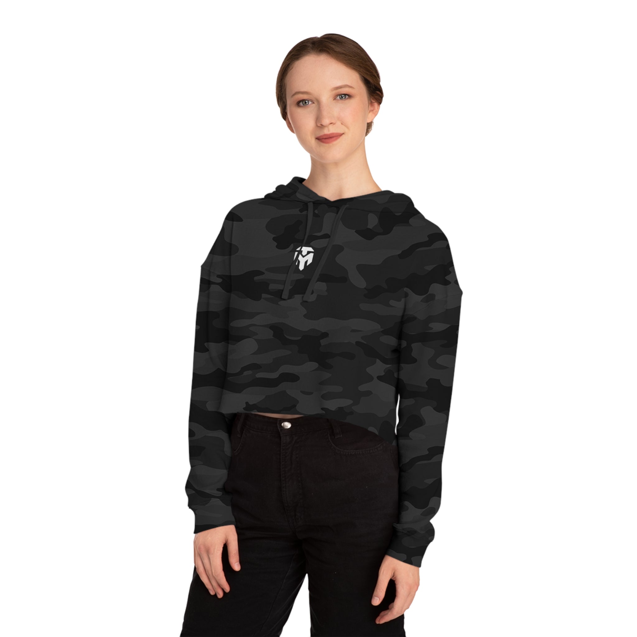 Cropped Hoodie — Black Camo “Mental Toughness Stay Strong” Women’s Athletic Crop