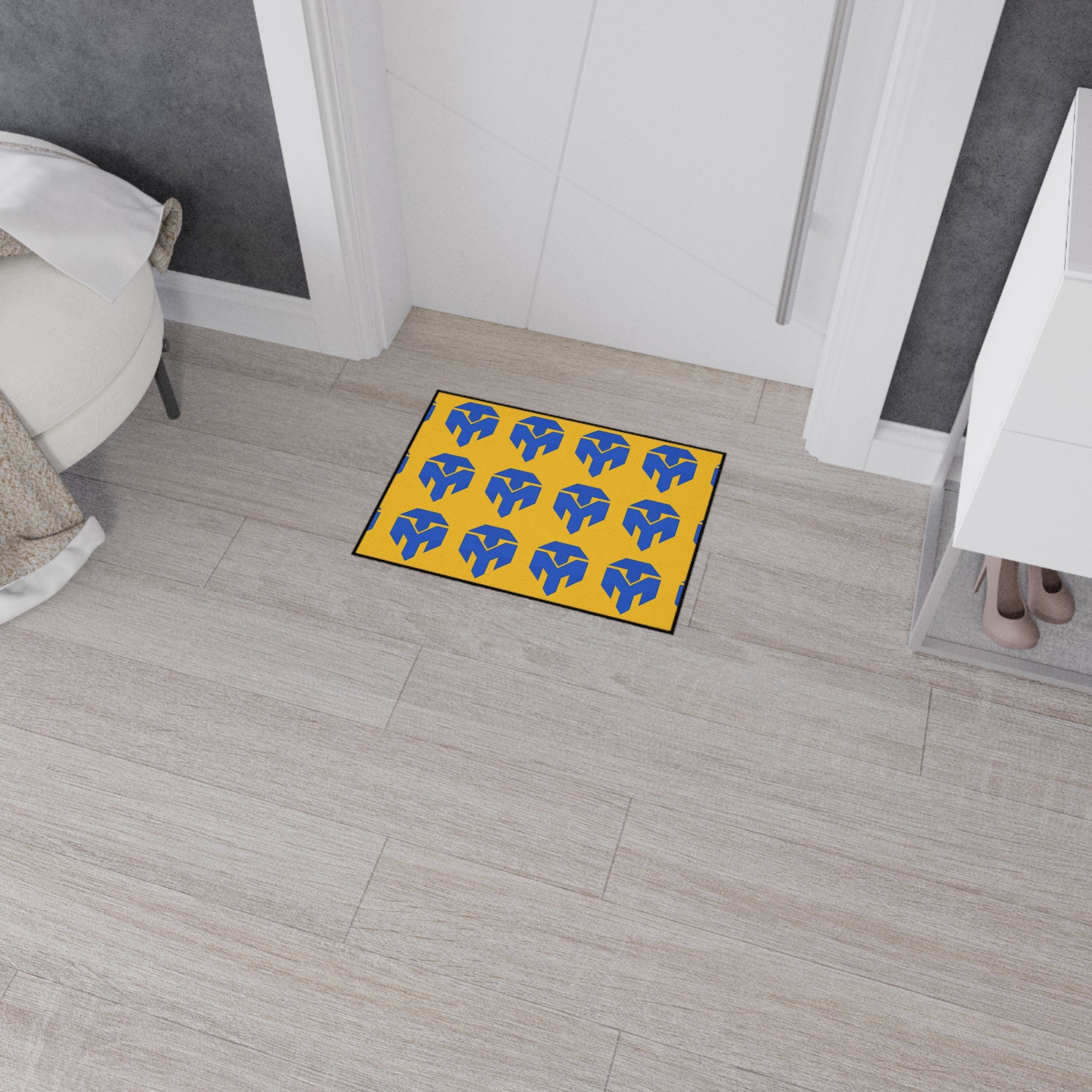 Heavy-Duty Floor Mat — Blue Spartan Logo Pattern on Gold, Non-Slip Entrance/Doormat