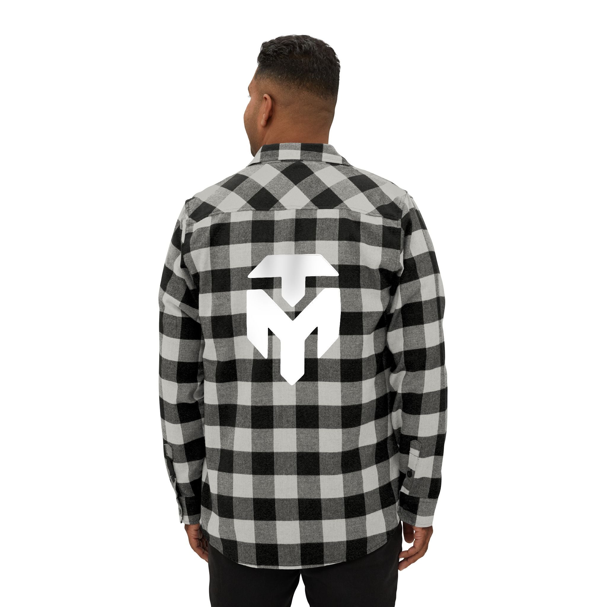 Black & White Buffalo Plaid Flannel Shirt with Geometric Logo — Casual Outdoor Workwear