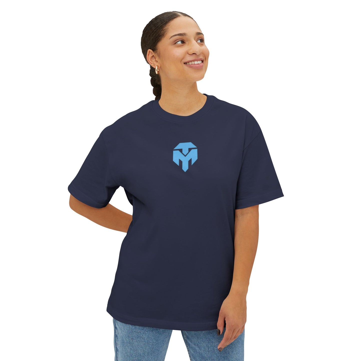 Minimalist Blue Shield Logo Tee — Oversized Boxy T-Shirt