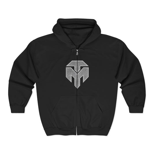 Full-Zip Hoodie with Geometric Shield Logo — Minimalist Streetwear Zip-Up