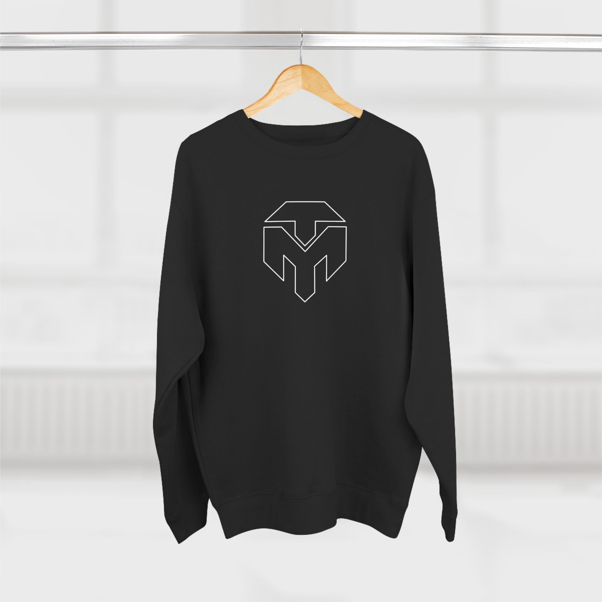 A.) Minimal Geometric Logo Sweatshirt — Black Crewneck with Outline Emblem