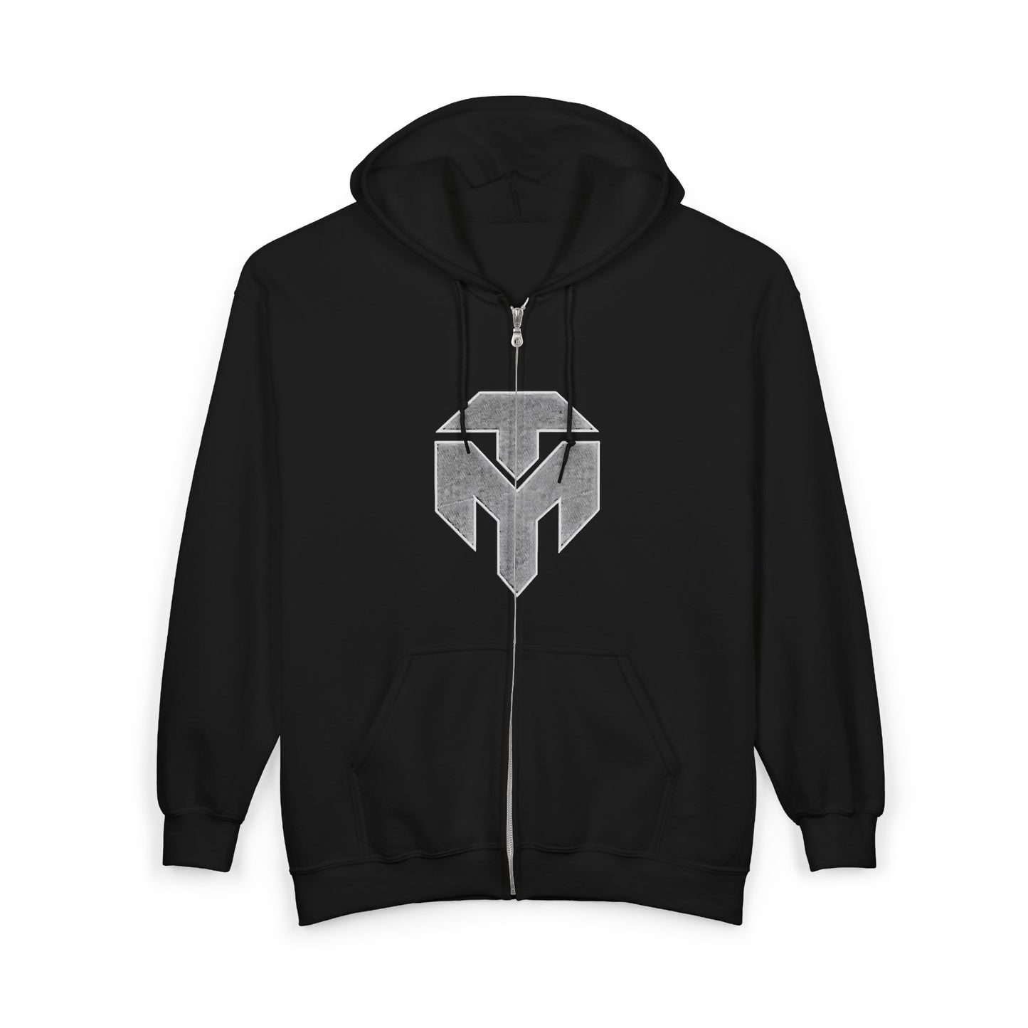 Full-Zip Hoodie with Geometric Shield Logo — Minimalist Streetwear Zip-Up