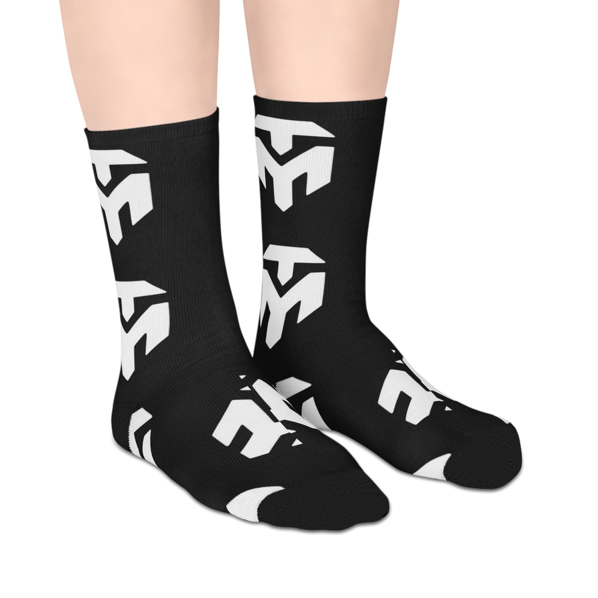 Black Mid-Length Socks with White Geometric Pattern — Bold Streetwear Crew Socks