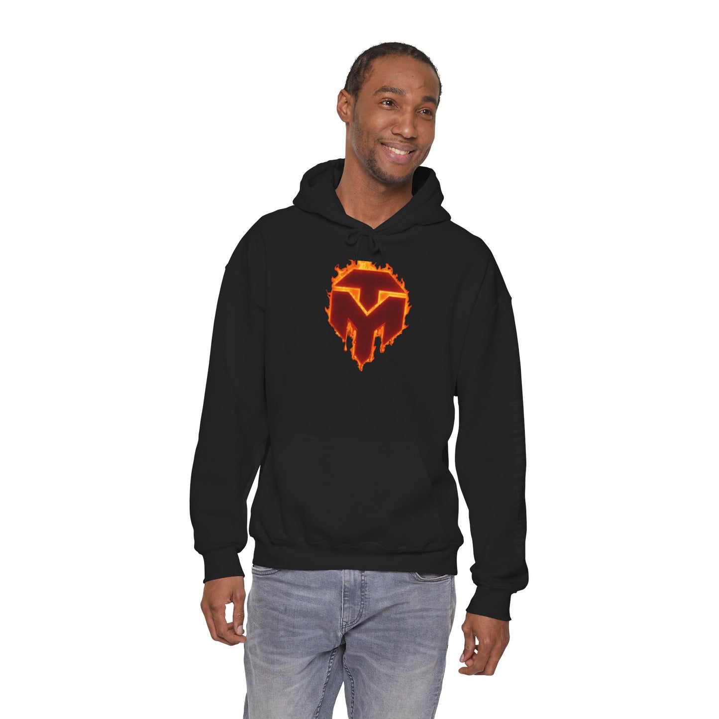 Molten Shield Logo Hoodie — Gaming Streetwear Hooded Sweatshirt with ‘Strength in Darkness’ Sleeve Text