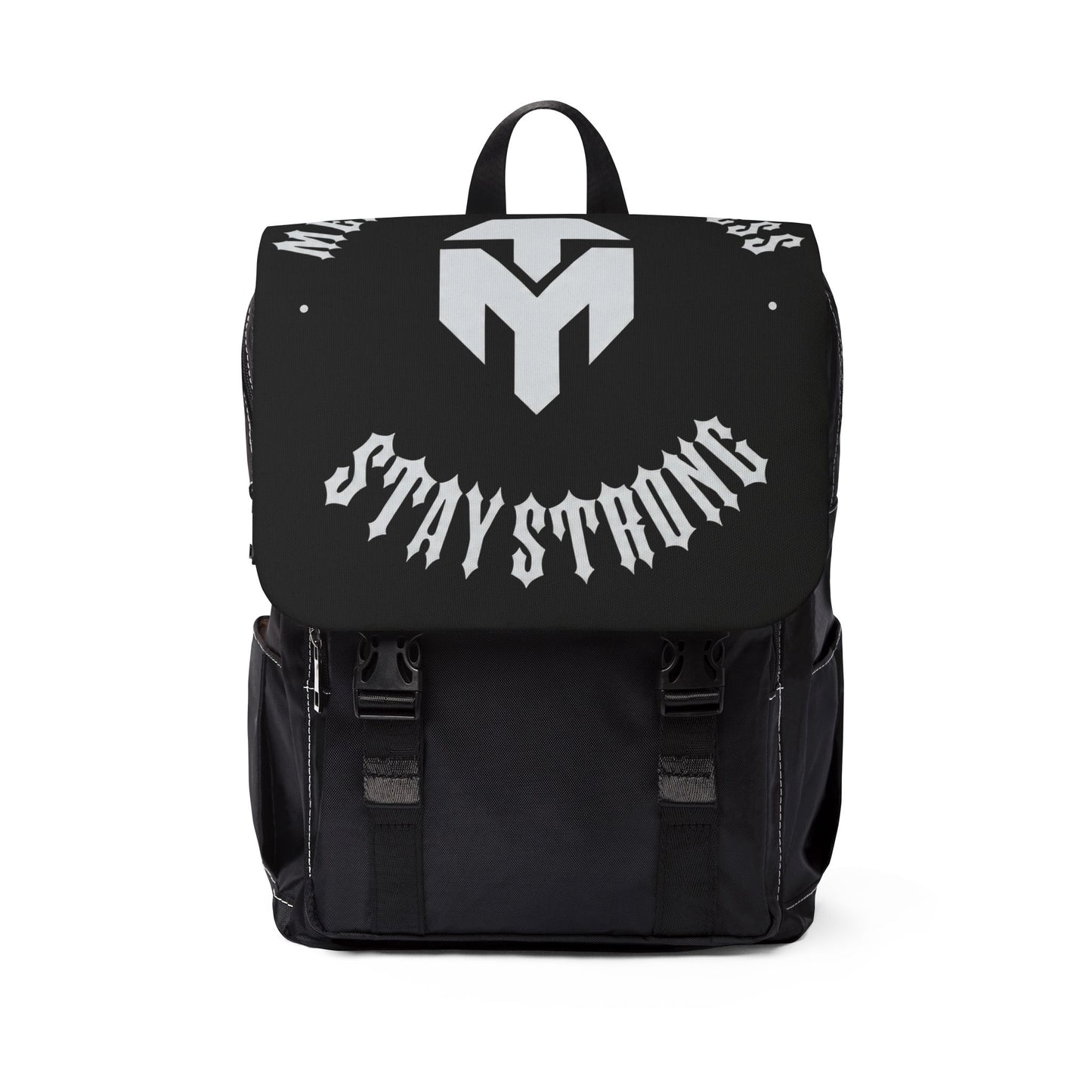 Stay Strong Backpack — Black Casual Shoulder Backpack with Bold Typography & Emblem