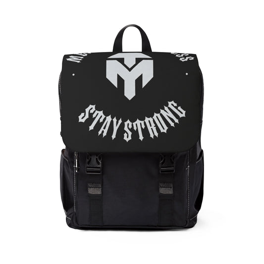 Stay Strong Backpack — Black Casual Shoulder Backpack with Bold Typography & Emblem