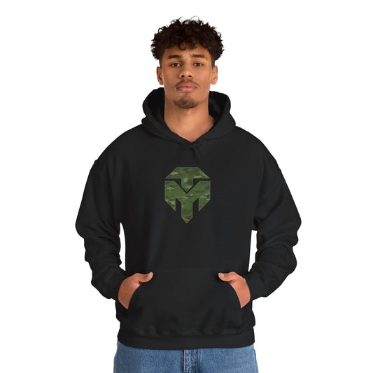 Camo Spartan Helmet Hoodie — Military-Inspired Tactical Logo Pullover