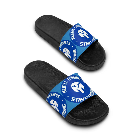 Slide Sandals — Blue 'Mental Toughness Stays Strong' Athletic Pool Slides