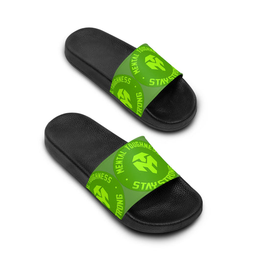 Slide Sandals — Green 'Stay Strong' Athletic Logo Slides