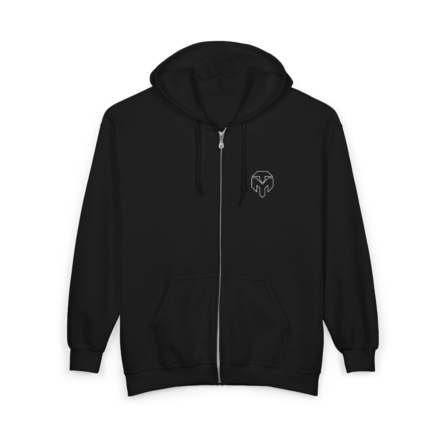 Embroidered Heart Maze Zip Hoodie — Minimal Black Full‑Zip Sweatshirt