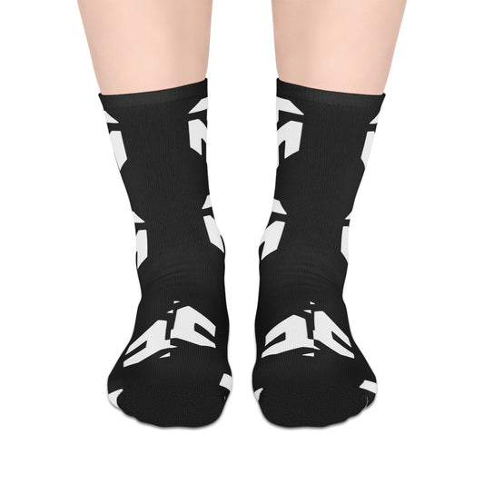Black Mid-Length Socks with White Geometric Pattern — Bold Streetwear Crew Socks