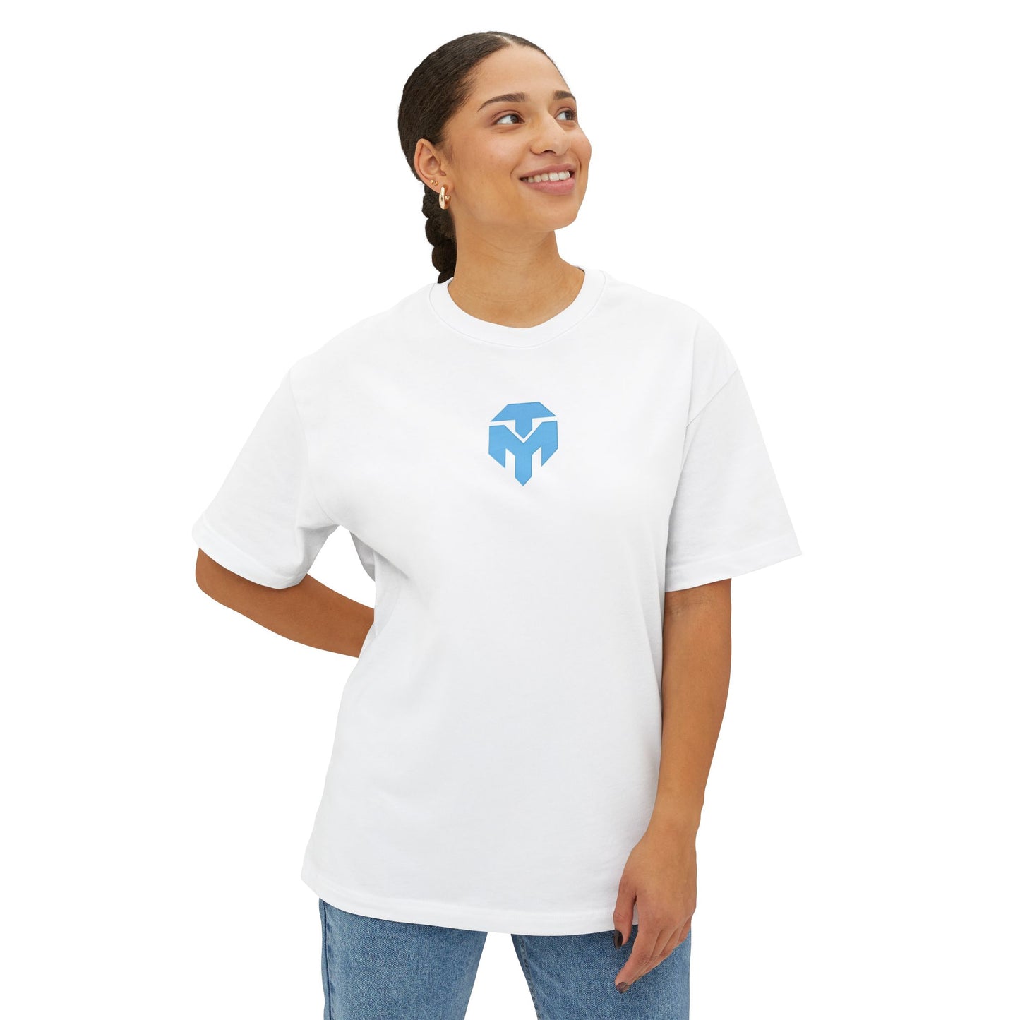 Minimalist Blue Shield Logo Tee — Oversized Boxy T-Shirt