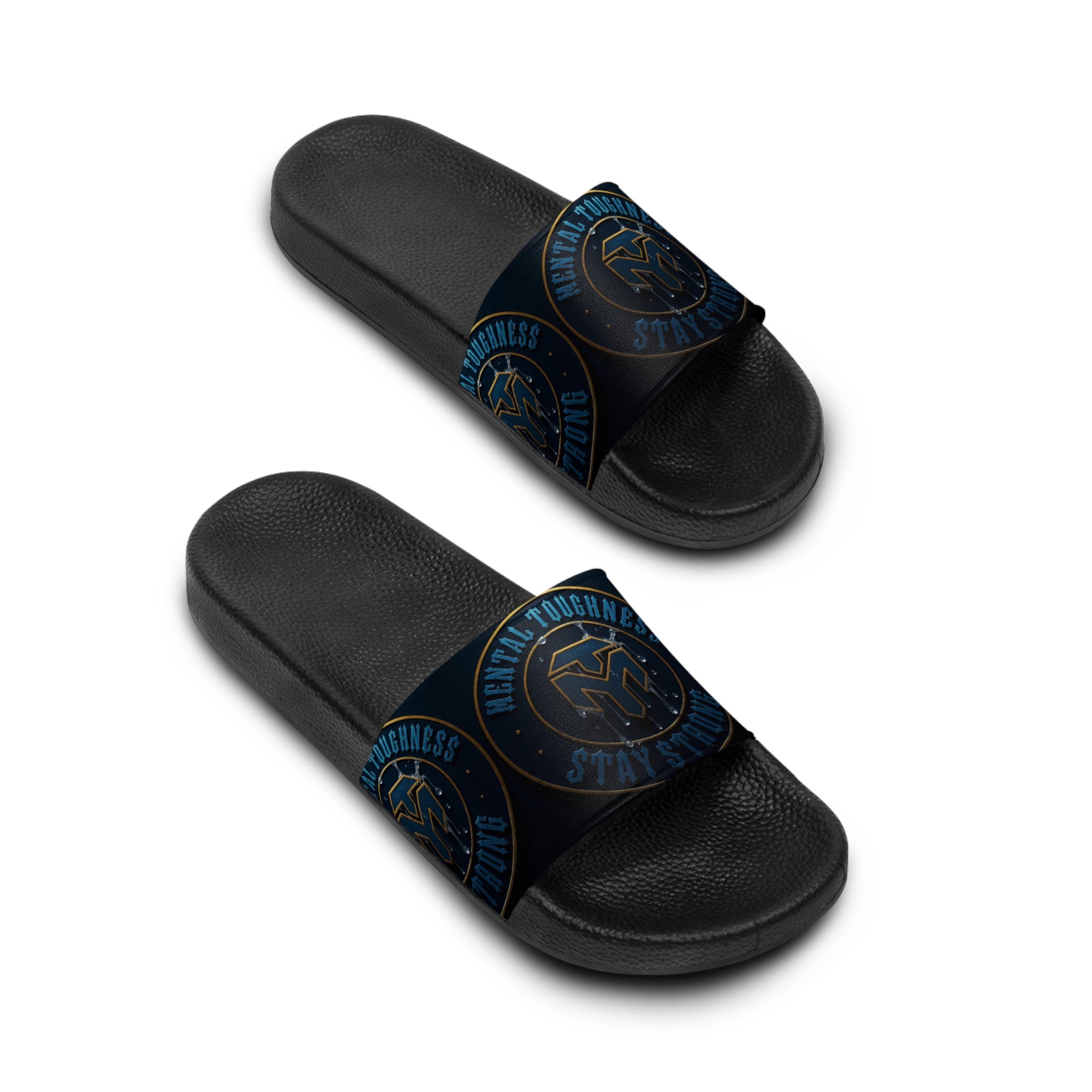 Men's Slide Sandals — 'Strength & Toughness' Blue Emblem Athletic Slides