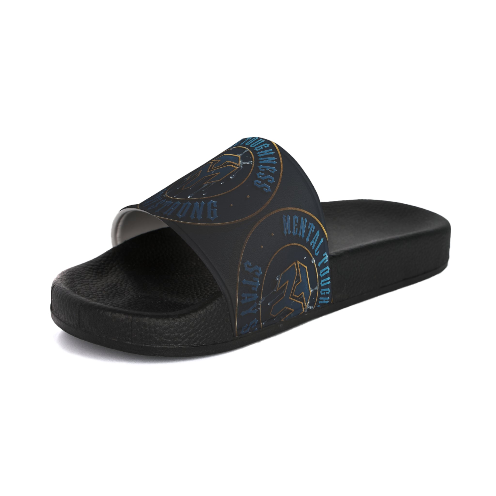 Men's Slide Sandals — 'Strength & Toughness' Blue Emblem Athletic Slides