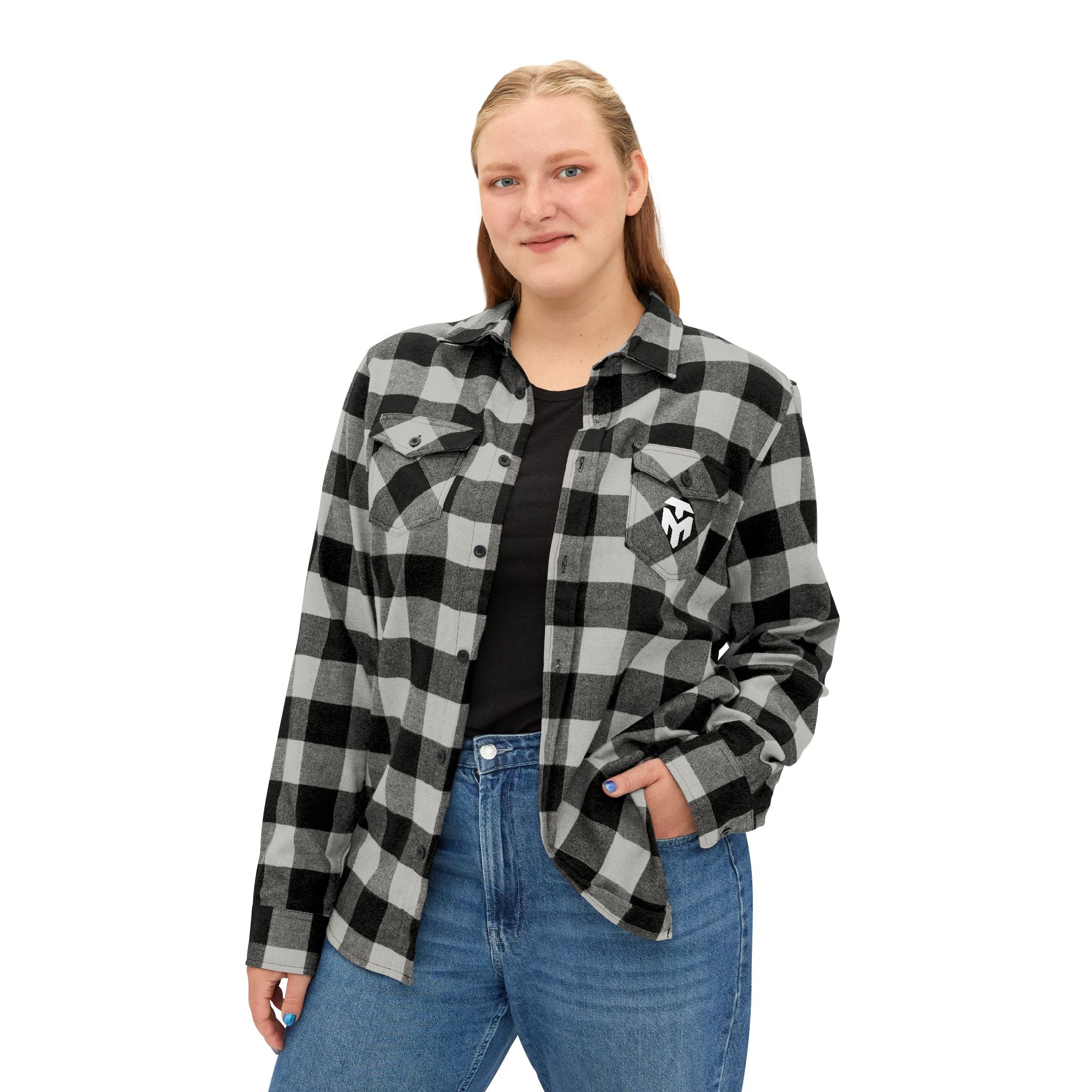 Black & White Buffalo Plaid Flannel Shirt with Geometric Logo — Casual Outdoor Workwear